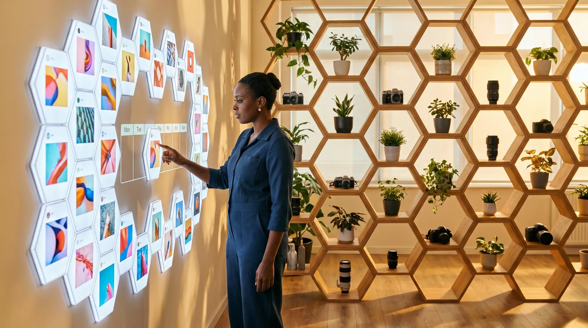 Un studio d’agence réseaux sociaux avec des étagères en nid d’abeille et une équipe au travail