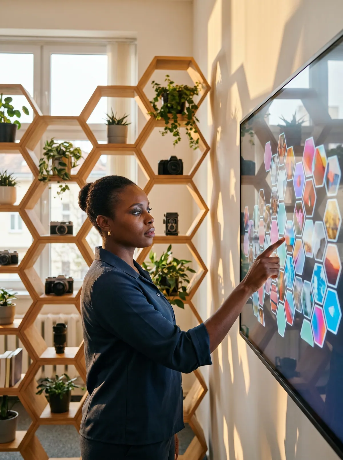 Une responsable réseaux sociaux qui organise des publications sur un mur de tuiles hexagonales lumineuses