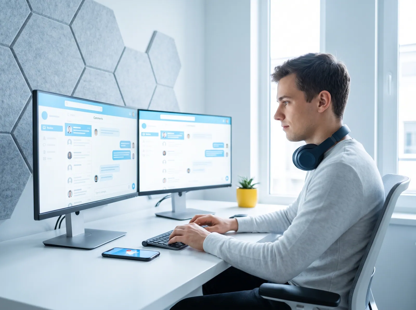 Un community manager qui répond aux messages de clients sur deux écrans